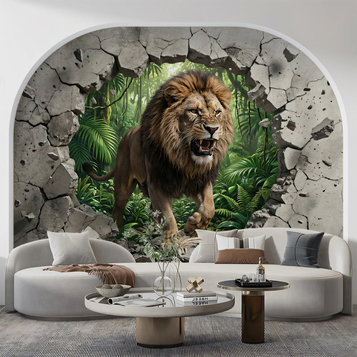 Roaring Lion Concrete Breach Mural Wallpaper — Realistic 3D Design Mural Wallpaper - room preview 02