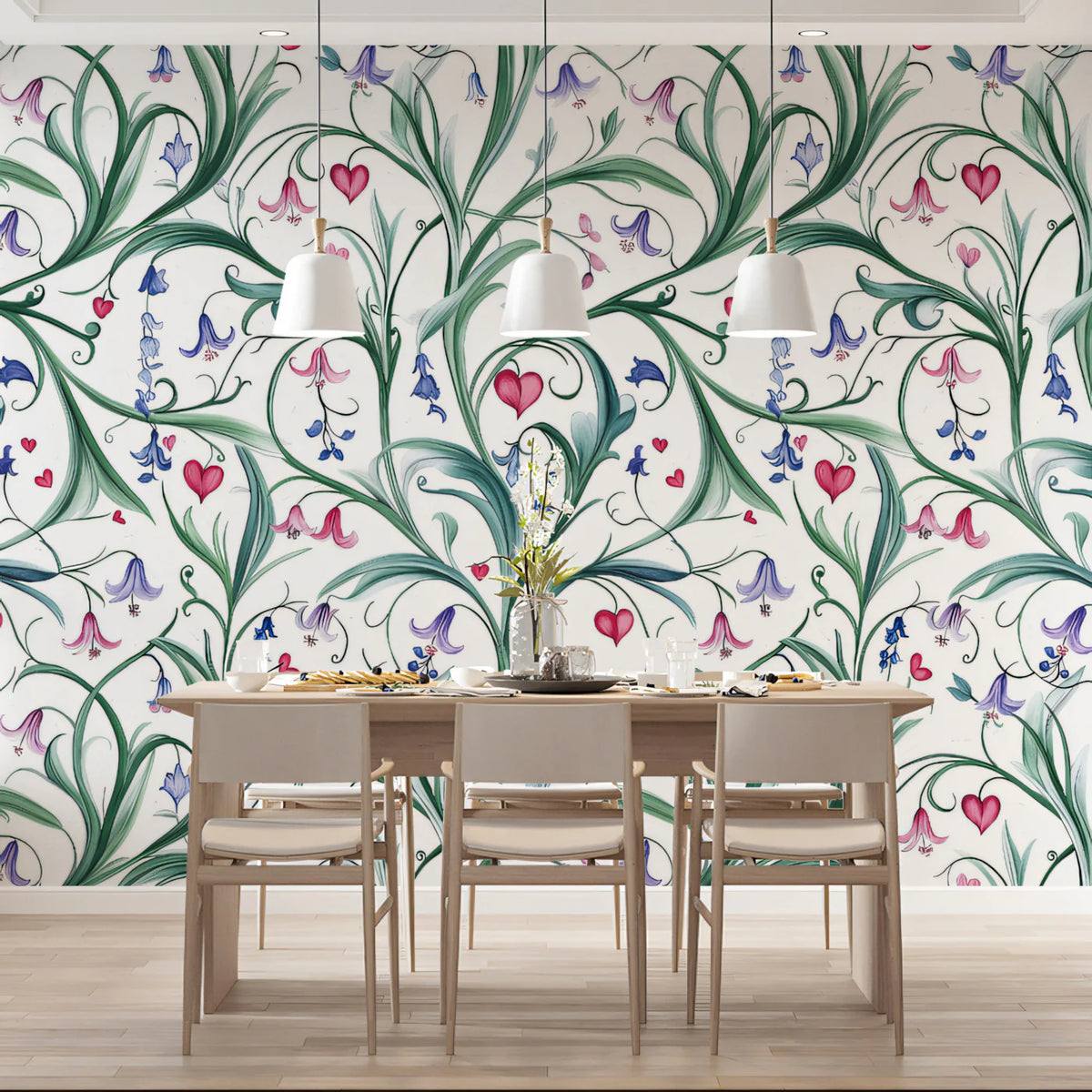 Entwined Lily and Heart Botanical Mural Wallpaper - room preview 02