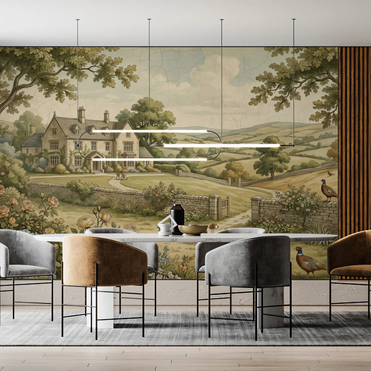 English Manor Pastoral Mural Wallpaper — Traditional Landscape Art Mural Wallpaper - room preview 02