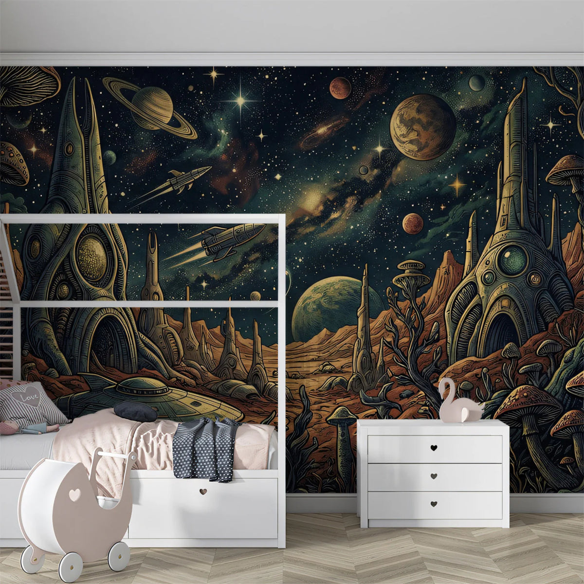 Retro Sci-Fi Planetscape Mural Wallpaper — Vintage Cosmic Art Mural Wallpaper - room preview 02