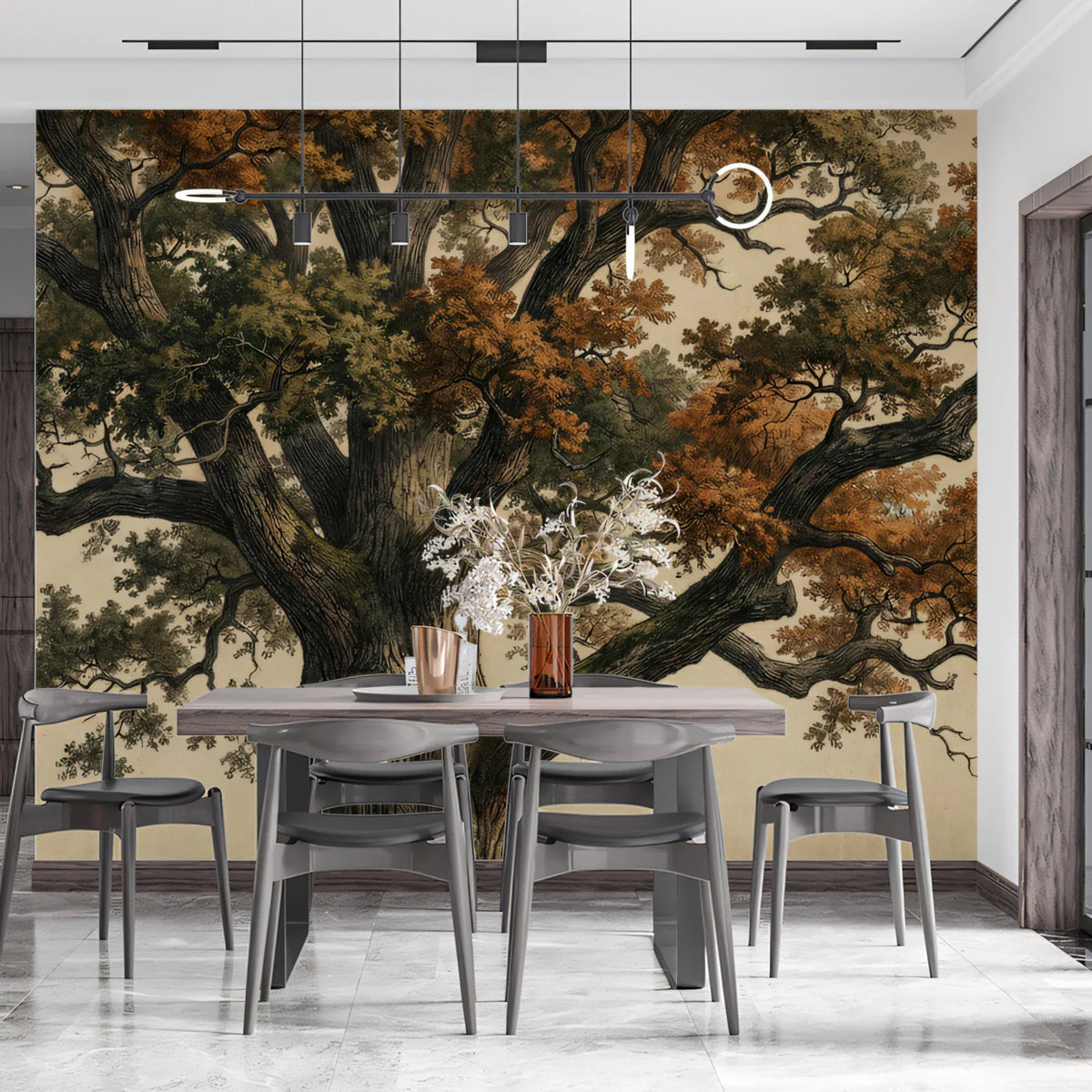 Ancient Oak Tree Mural Wallpaper — Vintage Botanical Engraving Mural Wallpaper - room preview 02