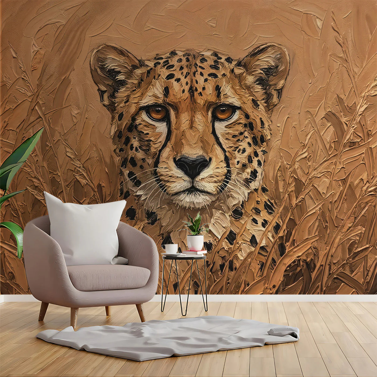 Cheetah in Golden Savanna Mural Wallpaper — Impasto Oil Painting Mural Wallpaper - room preview 02