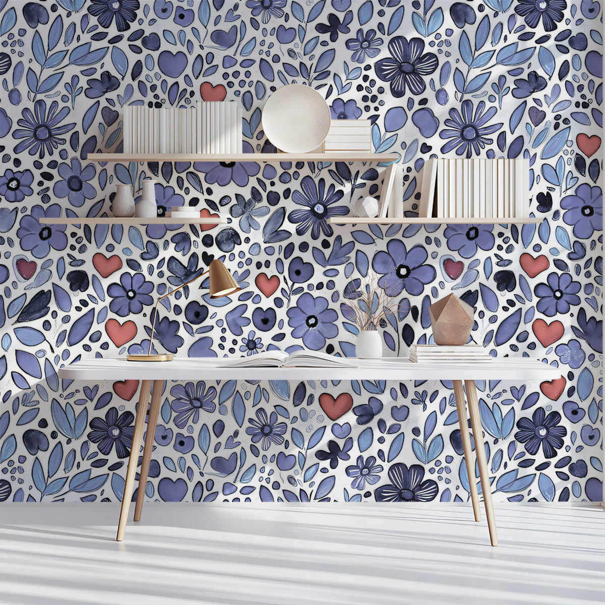 Watercolor Floral and Heart Mural Wallpaper — Whimsical Design Mural Wallpaper - room preview 02