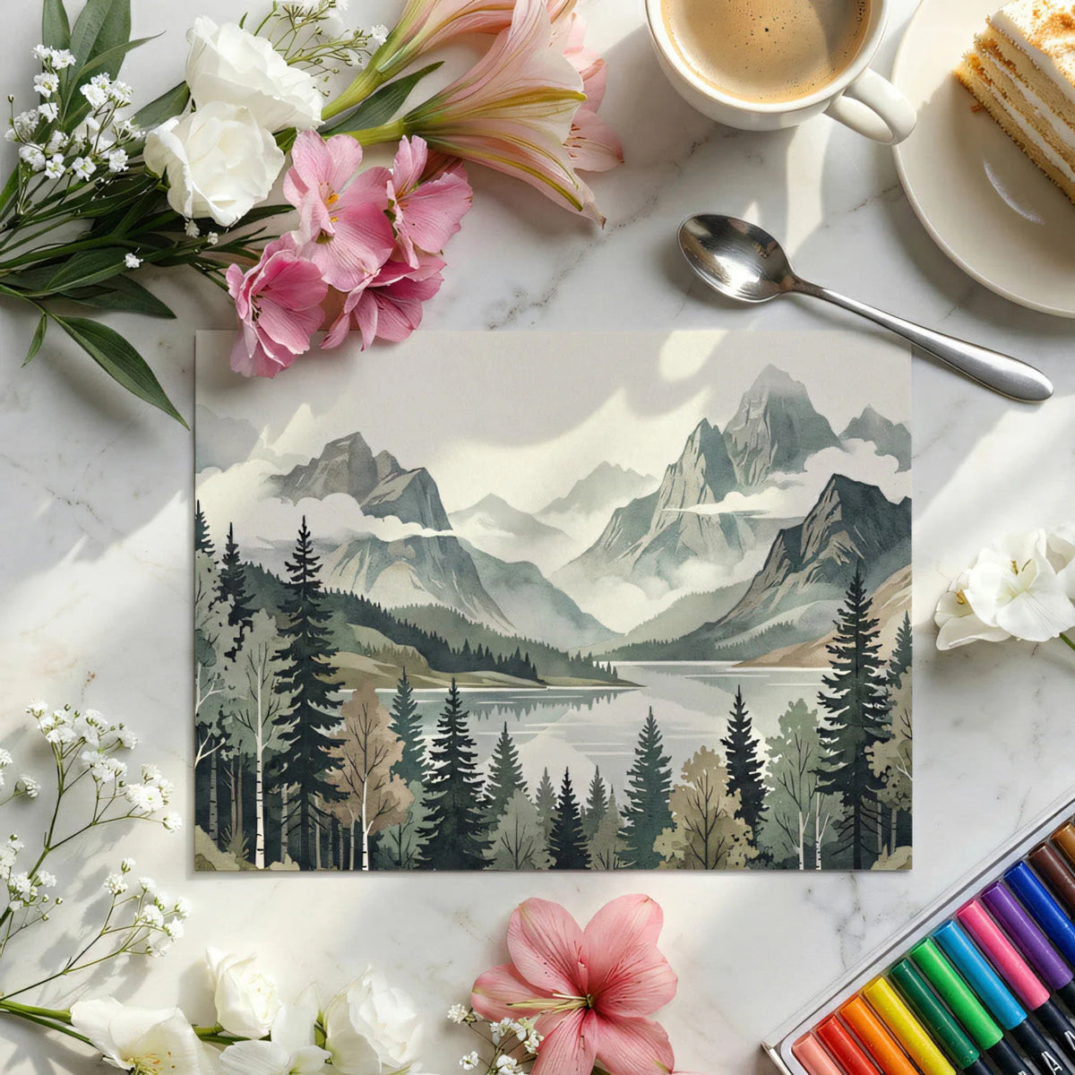 Misty Mountain Lake Mural Wallpaper in Watercolor Style Mural Wallpaper - room preview 02