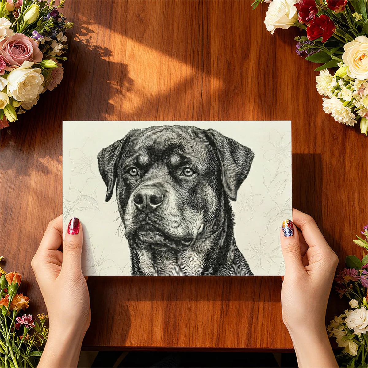 Rottweiler Portrait Mural Wallpaper — Fine Ink Line Art Mural Wallpaper - room preview 02