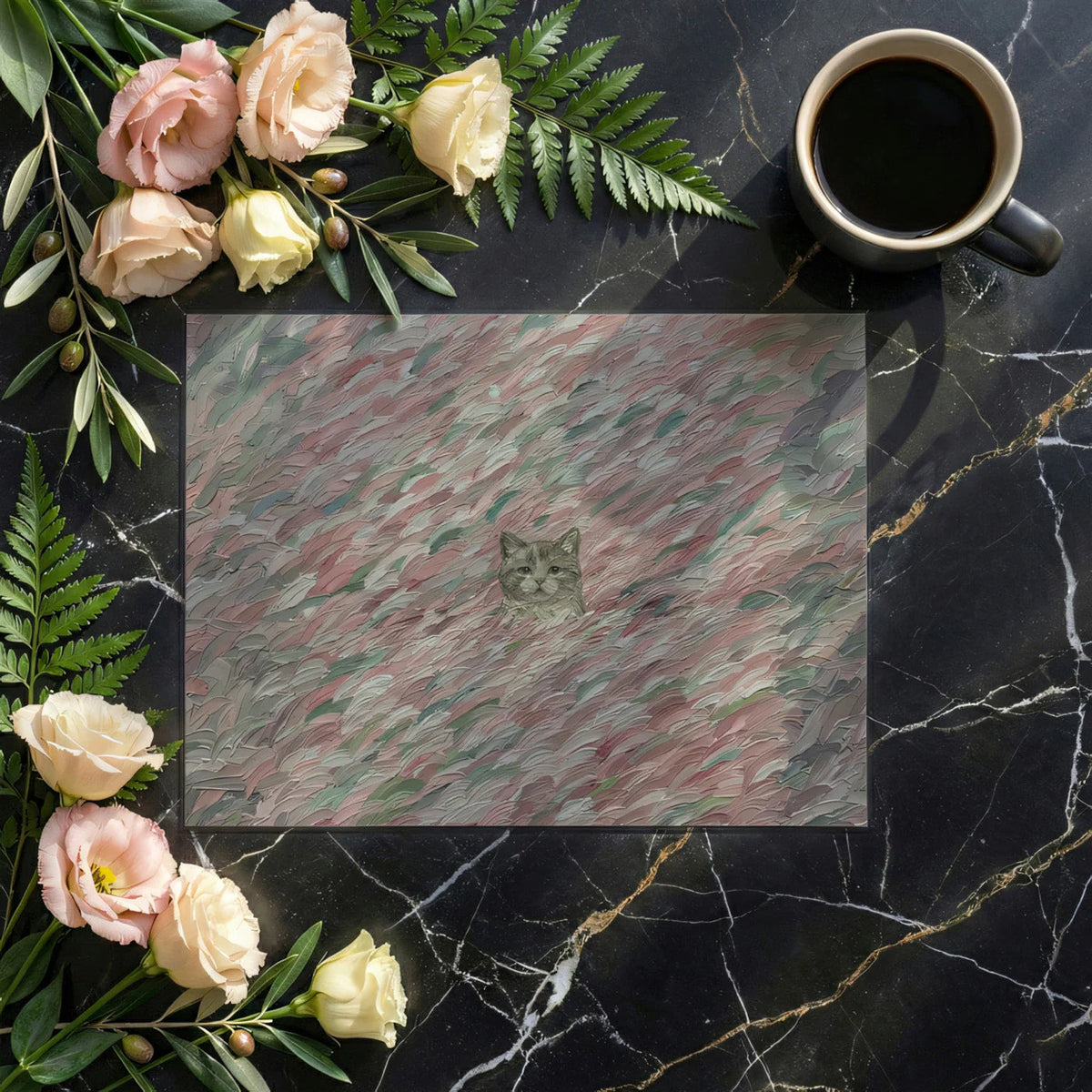 Cat in Impressionist Garden Mural Wallpaper — Soft Palette Art Mural Wallpaper - room preview 02