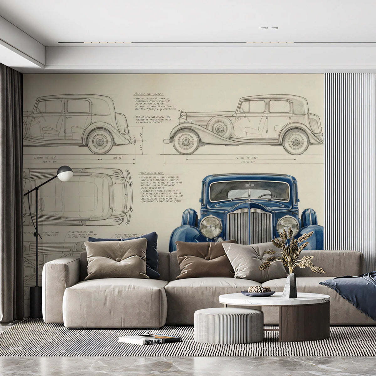Vintage Automotive Blueprint Mural Wallpaper — Artistic Engineering Mural Wallpaper - room preview 02
