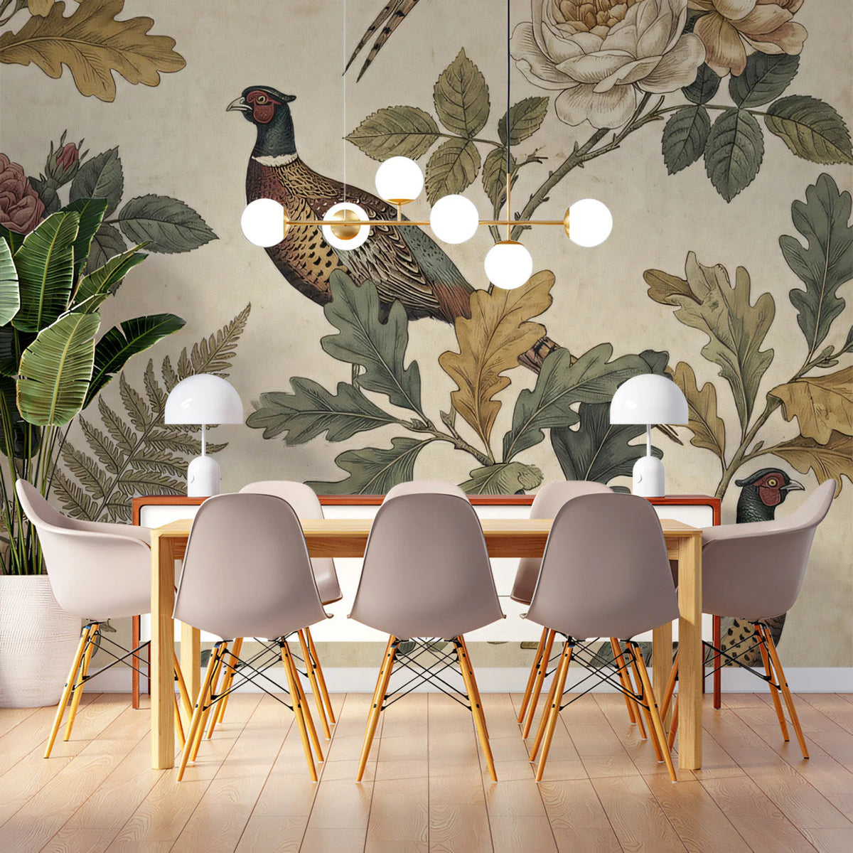 Pheasant and Heirloom Rose Mural Wallpaper in Heritage Palette Mural Wallpaper - room preview 02