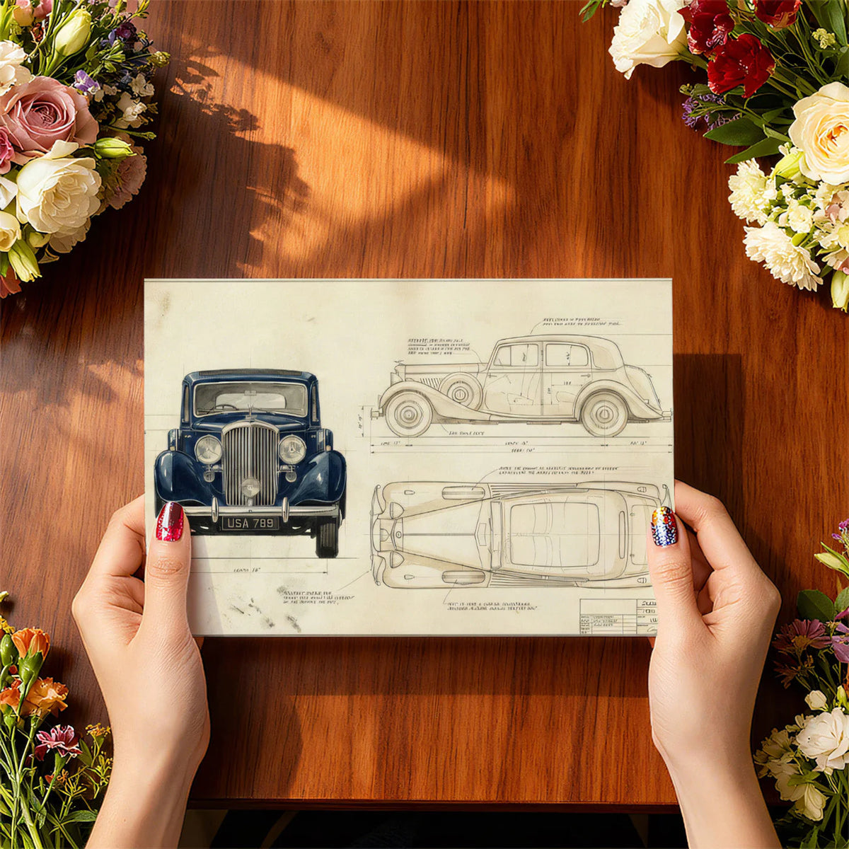 Vintage Automotive Blueprint Mural Wallpaper in Sepia and Navy Mural Wallpaper - room preview 02