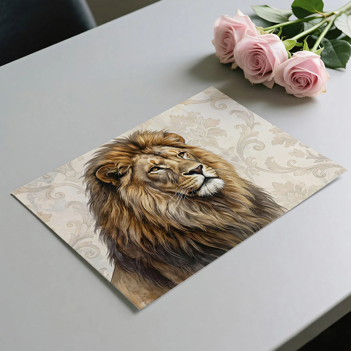 Regal Lion Portrait Mural Wallpaper — Baroque Damask Design Mural Wallpaper - room preview 02