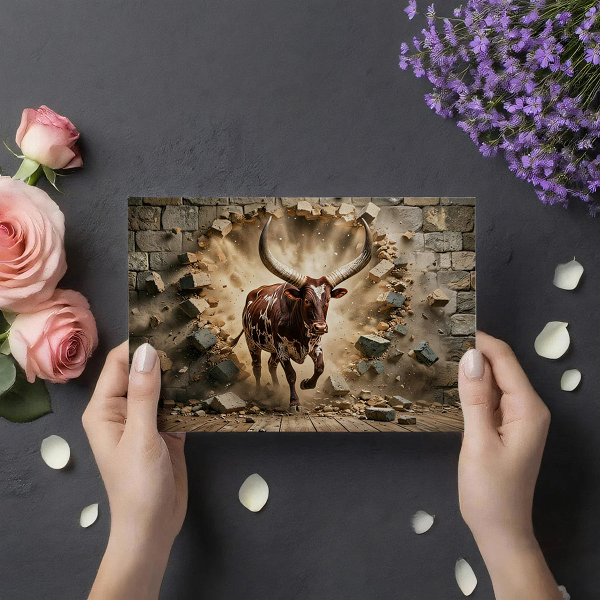 Charging Bull Brick Wall Mural Wallpaper —Dynamic Animal Design Mural Wallpaper - room preview 02
