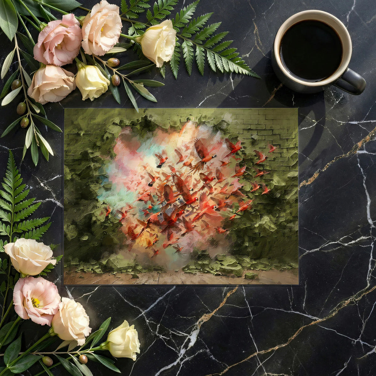 Explosion of Birds Mural Wallpaper — Artistic Painted Brick Design Mural Wallpaper - room preview 02