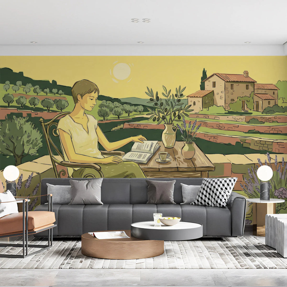 Mediterranean Terrace Mural Wallpaper — Sunny Sketch Design Mural Wallpaper - room preview 02