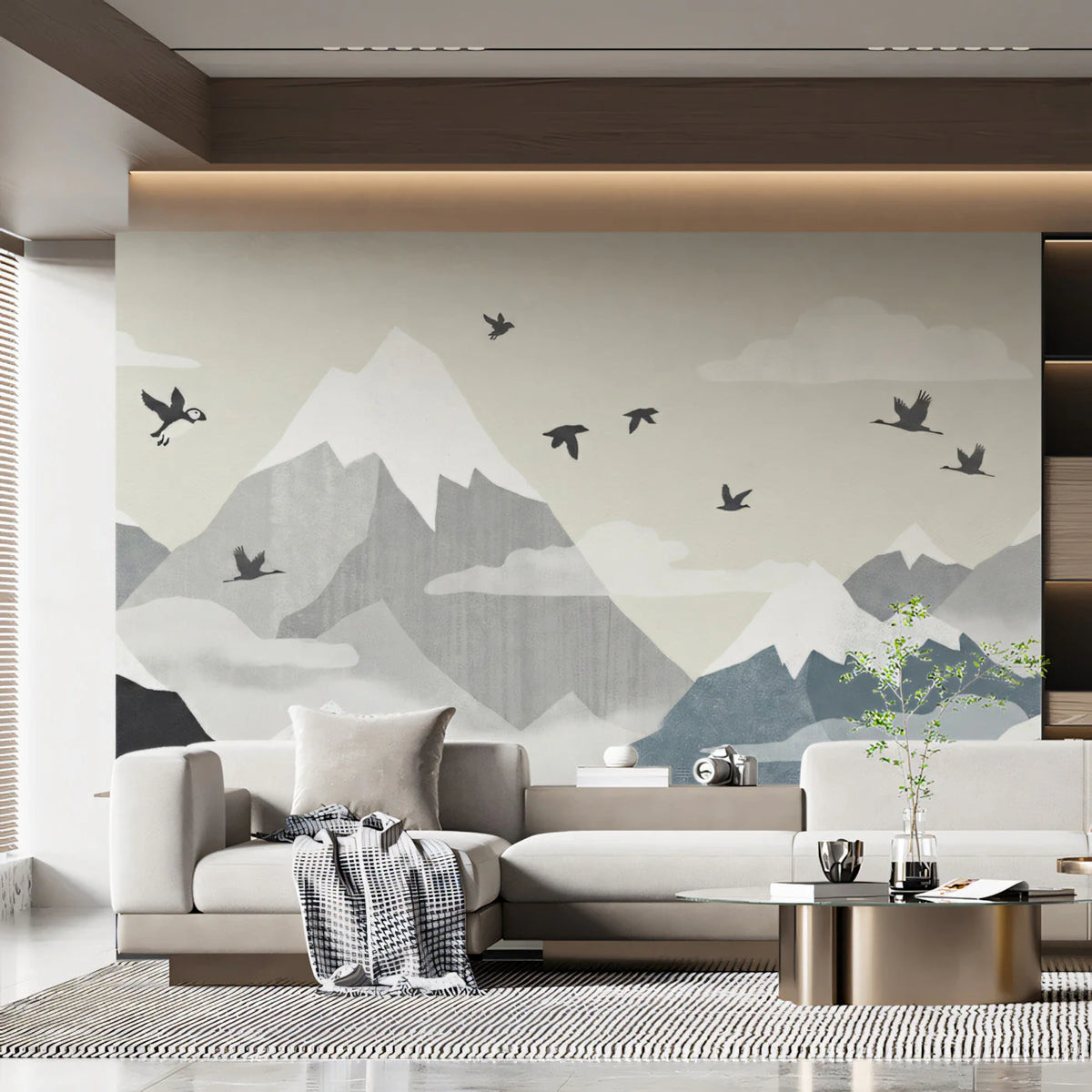 Minimalist Mountain Range Mural Wallpaper with Soaring Birds Mural Wallpaper - room preview 02