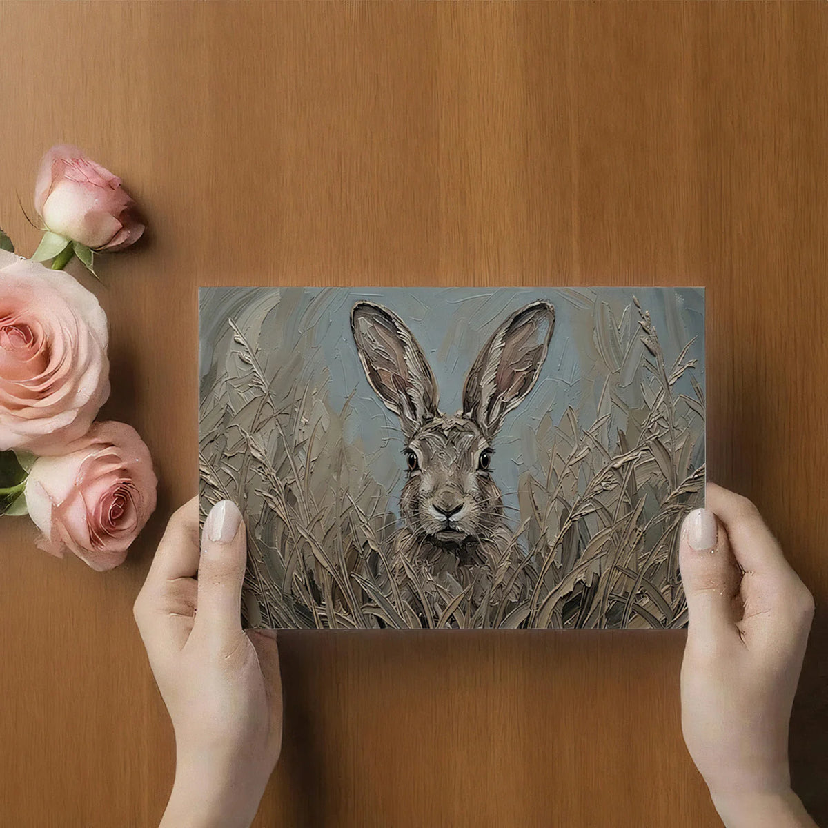 Rustic Hare Oil Painting Mural Wallpaper — Textured Nature Scene Mural Wallpaper - room preview 02