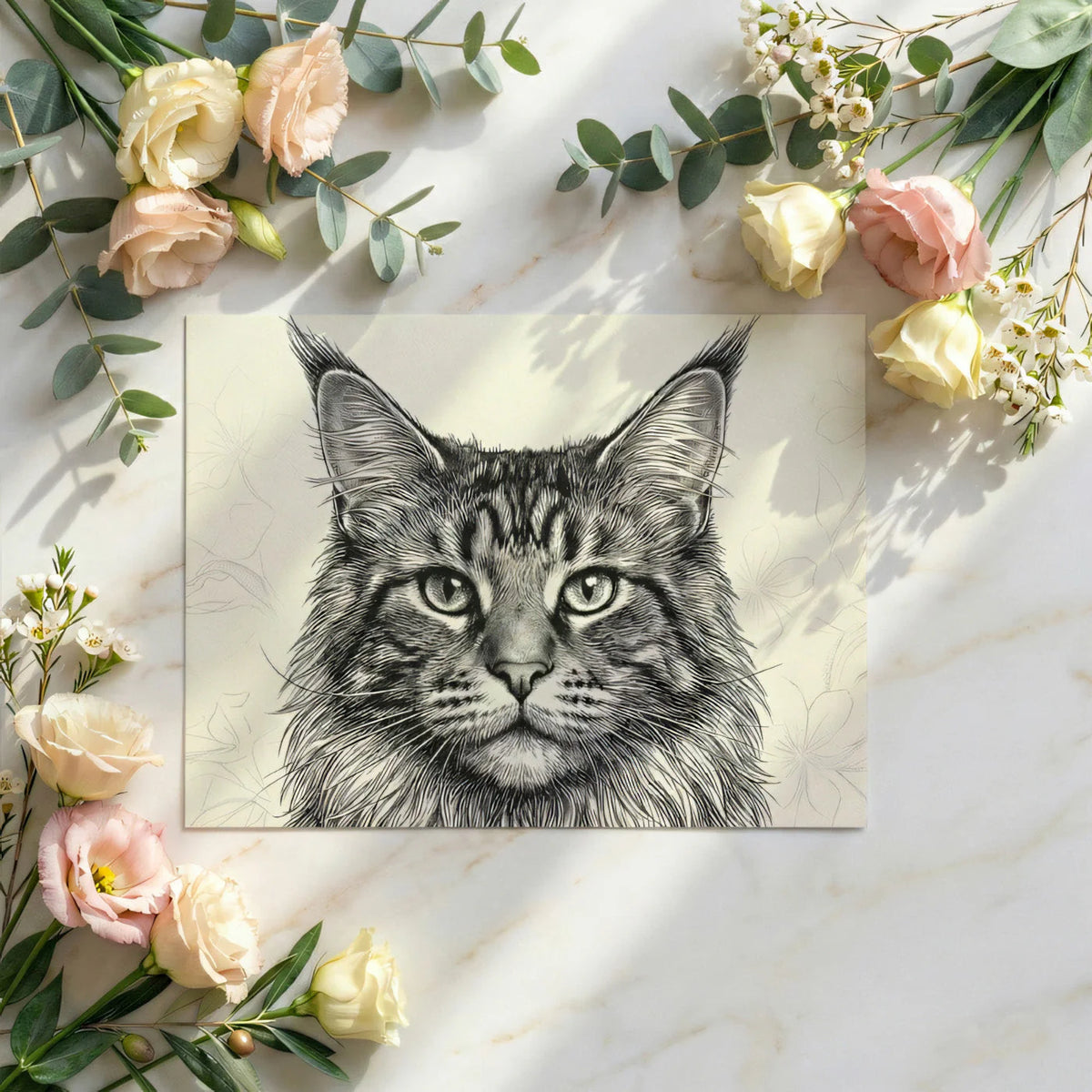 Maine Coon Portrait Mural Wallpaper — Fine Line Ink Illustration Mural Wallpaper - room preview 02