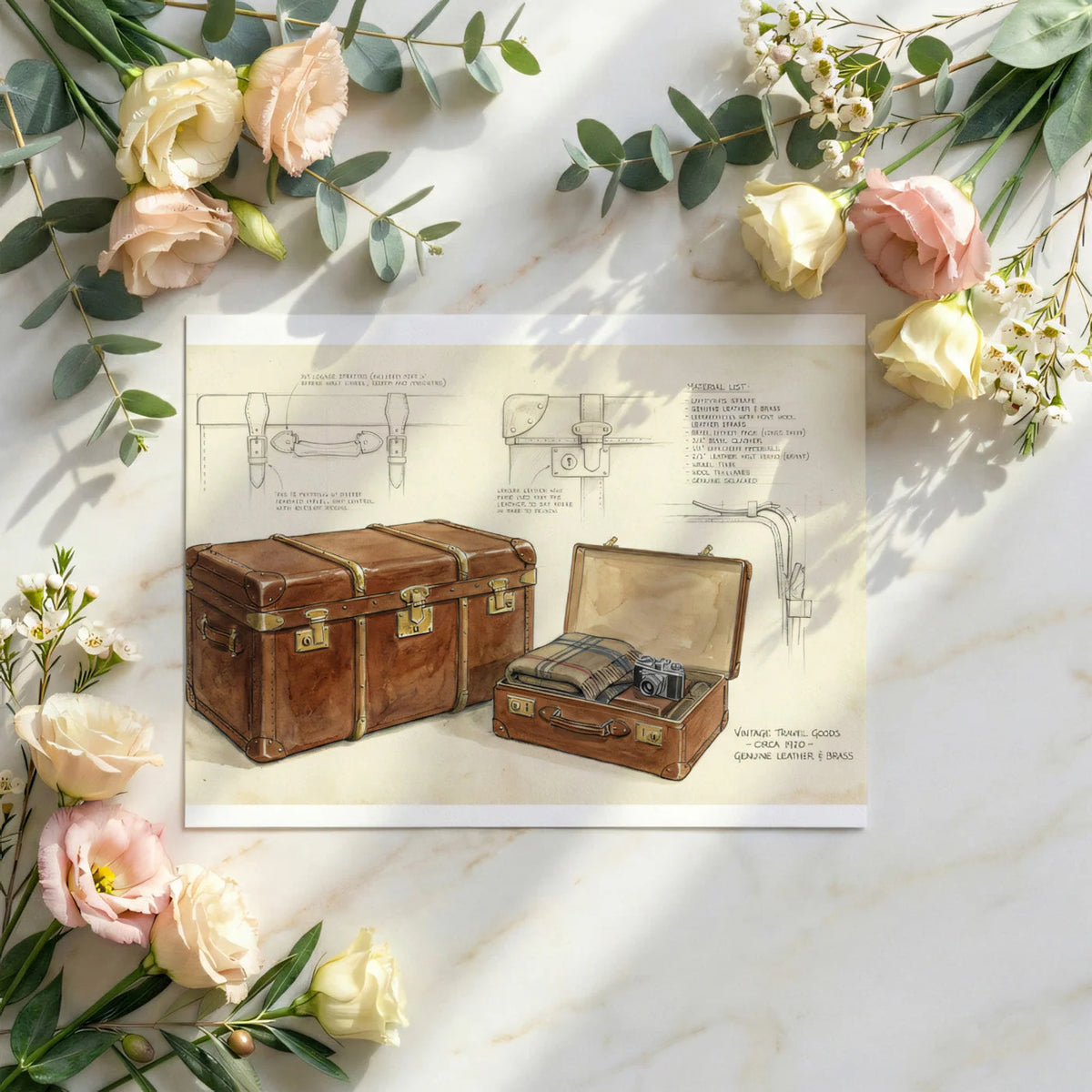 Vintage Travel Trunk Mural Wallpaper — Classic Sketch Illustration Mural Wallpaper - room preview 02