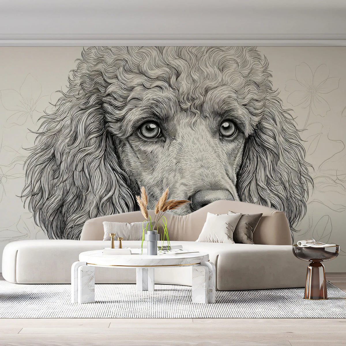 Poodle Portrait Mural Wallpaper in Fine Charcoal Line Art Mural Wallpaper - room preview 02