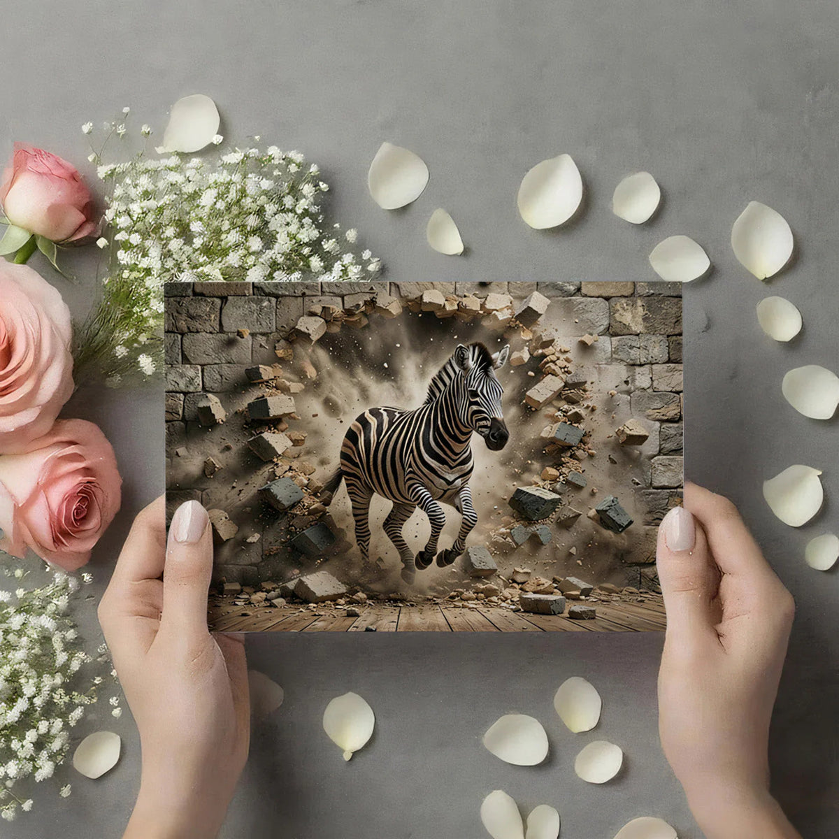 Zebra Breaking Through Brick Wall Mural Wallpaper - room preview 02