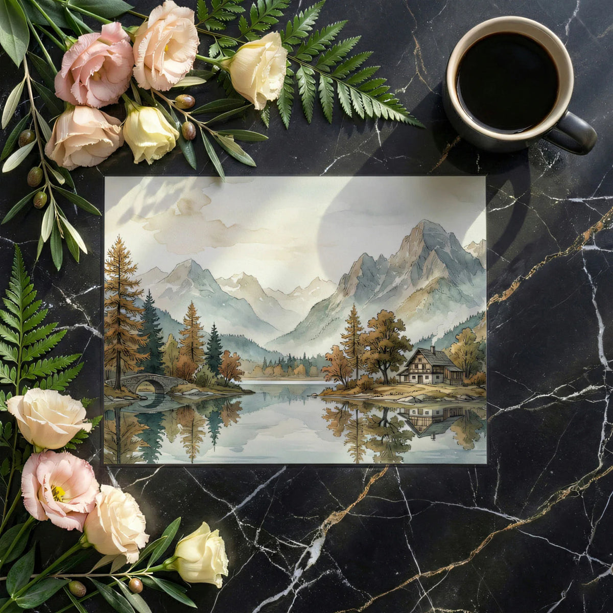 Alpine Lake Watercolor Mural Wallpaper — Scenic Mountain Landscape Mural Wallpaper - room preview 02