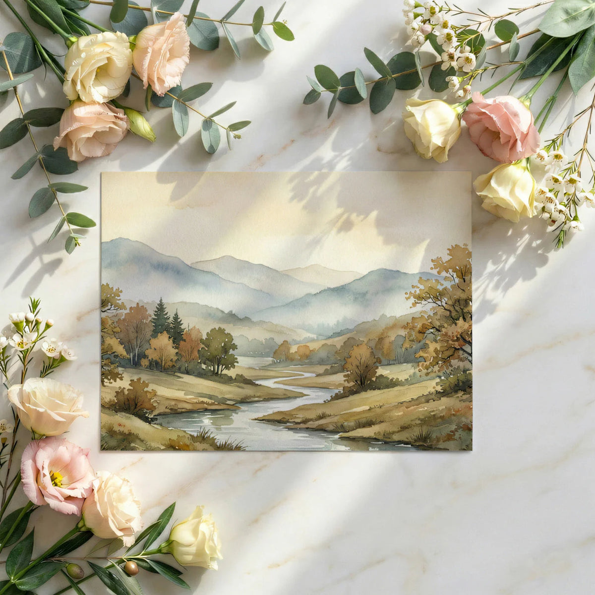 Watercolor Autumn River Valley Mural Wallpaper - room preview 02