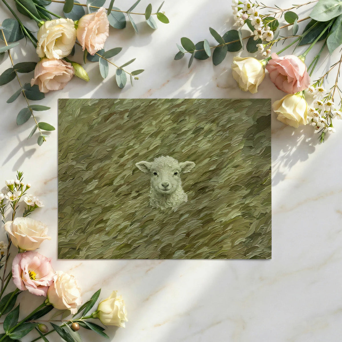 Lamb in Olive Grass Mural Wallpaper — Impasto Oil Painting Style Mural Wallpaper - room preview 02