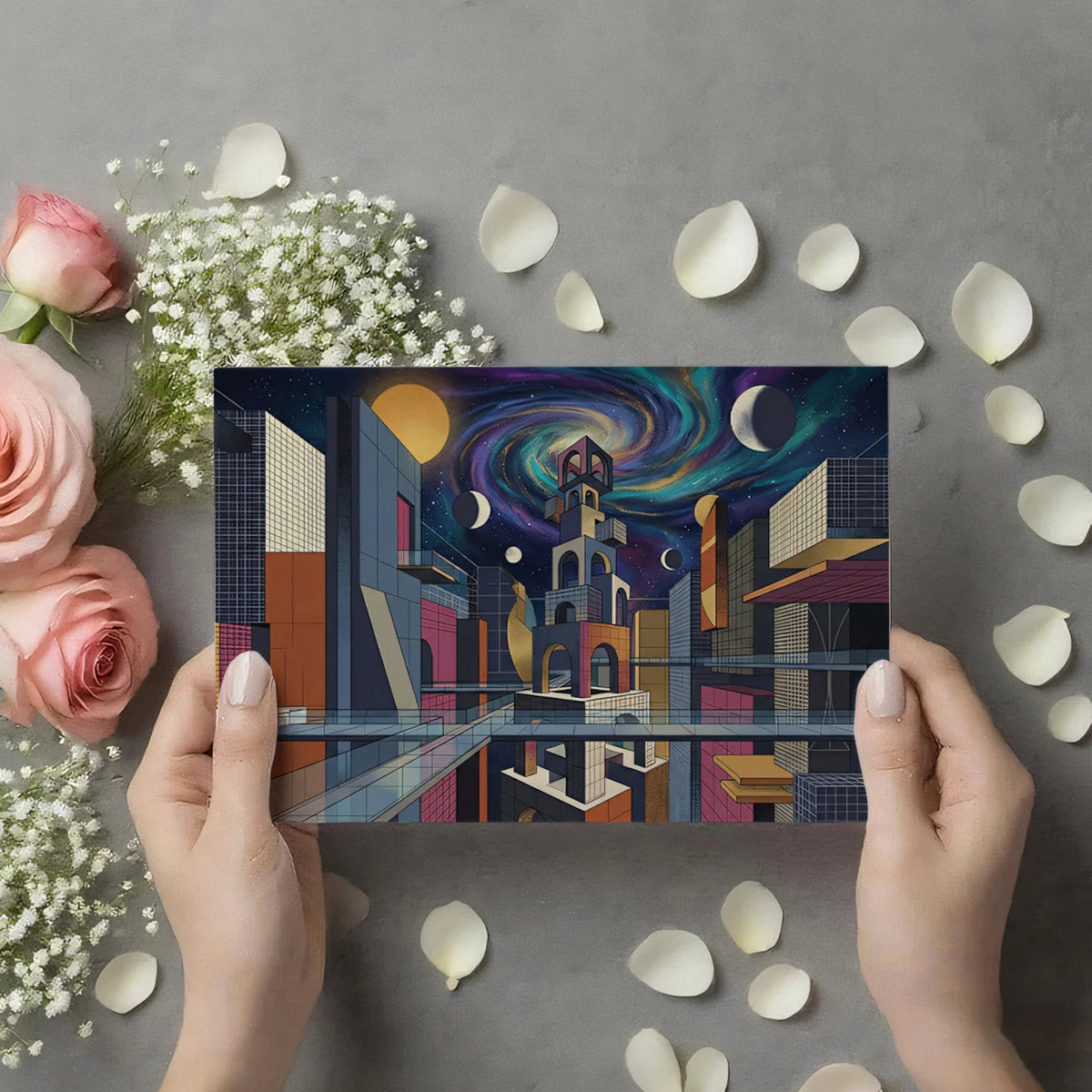 Cosmic Cityscape Mural Wallpaper — Surreal Geometric Design Mural Wallpaper - room preview 02