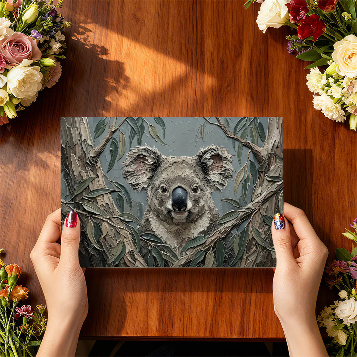 Koala in Eucalyptus Mural Wallpaper — Impasto Oil Style Mural Wallpaper - room preview 02