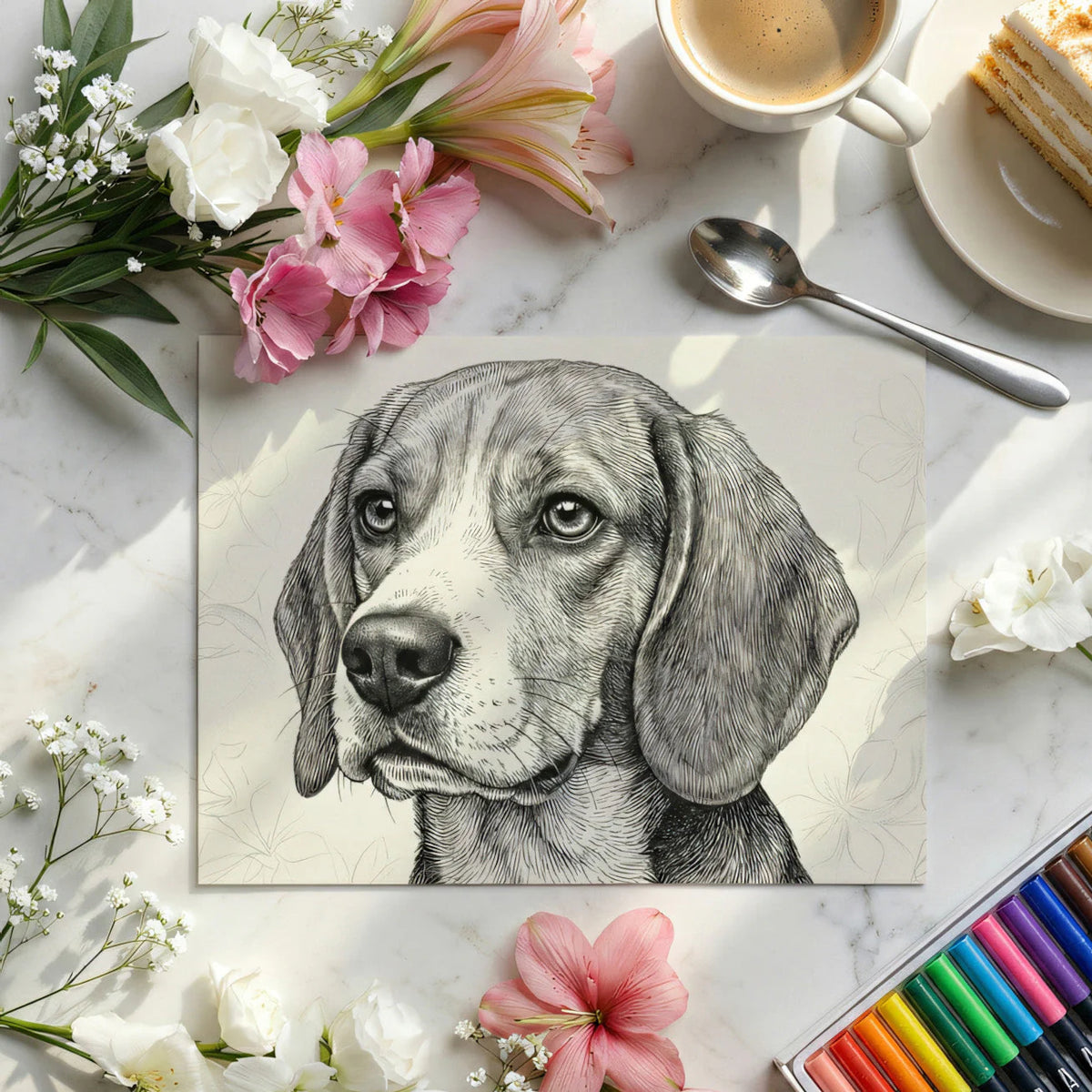 Beagle Dog Sketch Mural Wallpaper — Hand-Drawn Floral Art Mural Wallpaper - room preview 02