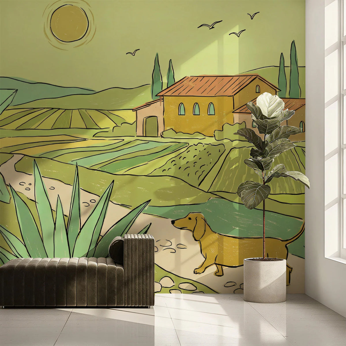 Tuscan Landscape Mural Wallpaper with Dachshund and Fields Mural Wallpaper - room preview 02