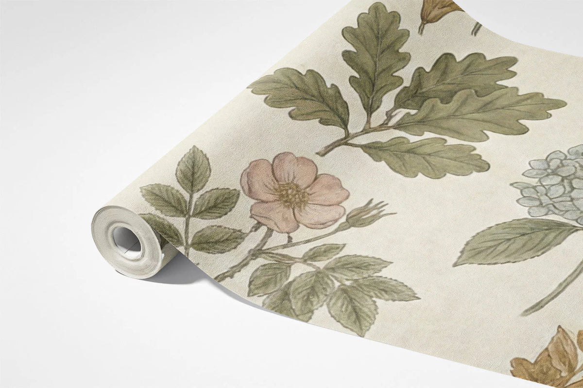 Vintage Botanical Illustration Mural Wallpaper in Muted Earth Tones Mural Wallpaper - room preview 02