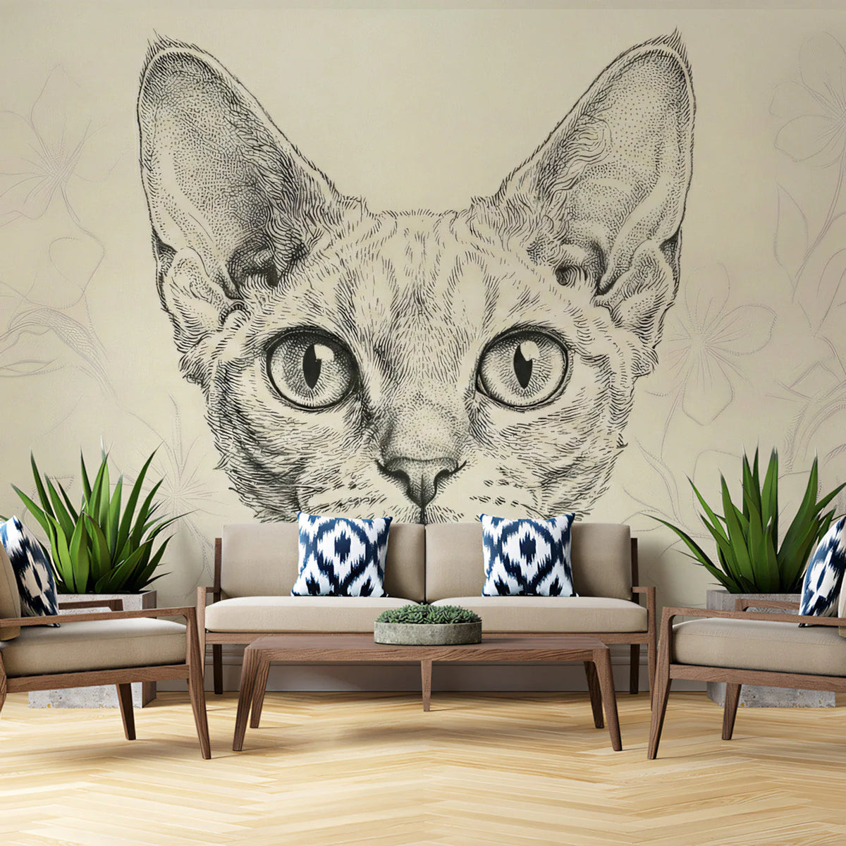 Devon Rex Cat Sketch Mural Wallpaper — Artistic Line Drawing Mural Wallpaper - room preview 02