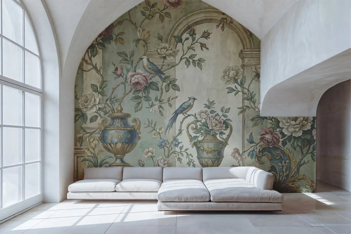 Renaissance Garden Arch Mural Wallpaper with Floral and Bird Motifs Mural Wallpaper - room preview 02