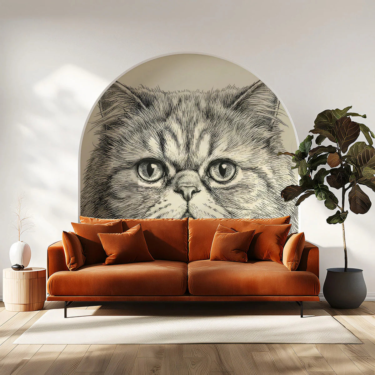 Cat Portrait Line Art Mural Wallpaper — Sophisticated Sketch Design Mural Wallpaper - room preview 02