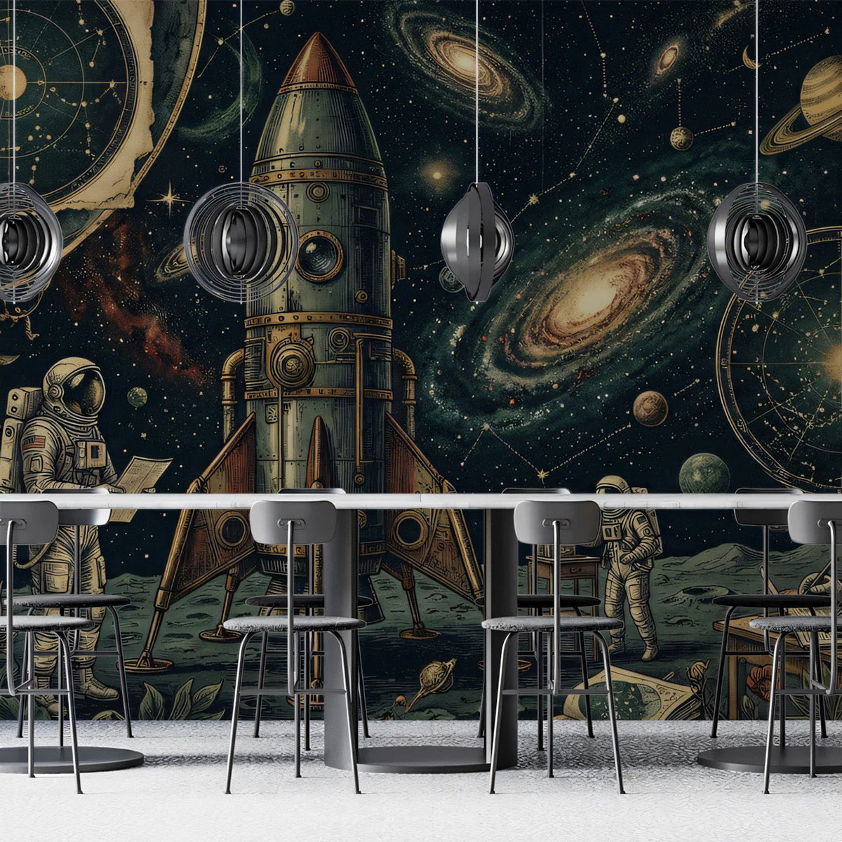 Vintage Space Exploration Mural Wallpaper — Cosmic Retro Style Mural Wallpaper - room preview 02
