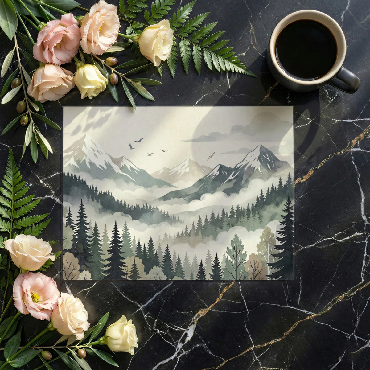 Mist-Covered Alpine Forest Mural Wallpaper — Soft Watercolor Design Mural Wallpaper - room preview 02