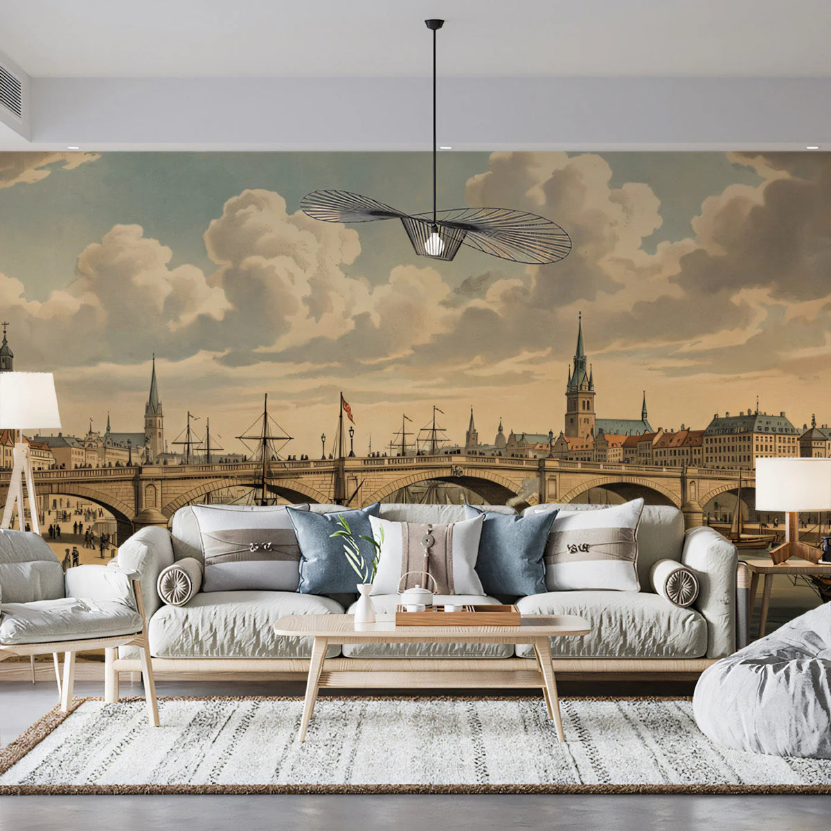 Historical Harbor Cityscape Mural Wallpaper —Vintage Art Mural Wallpaper - room preview 02