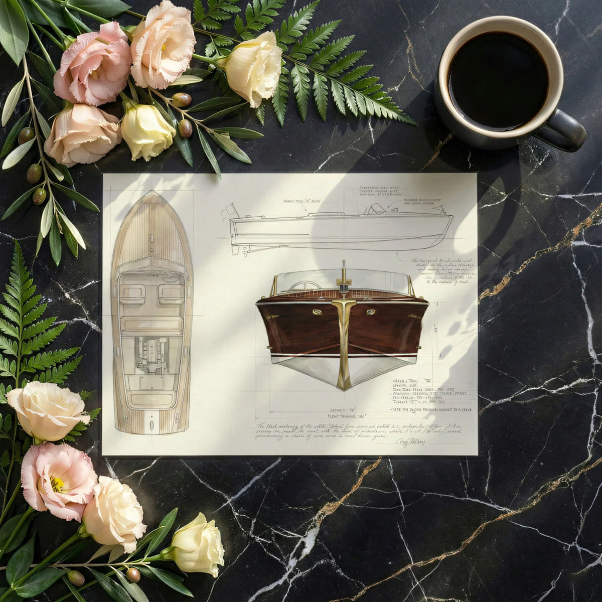 Vintage Boat Blueprint Mural Wallpaper — Nautical Technical Design Mural Wallpaper - room preview 02