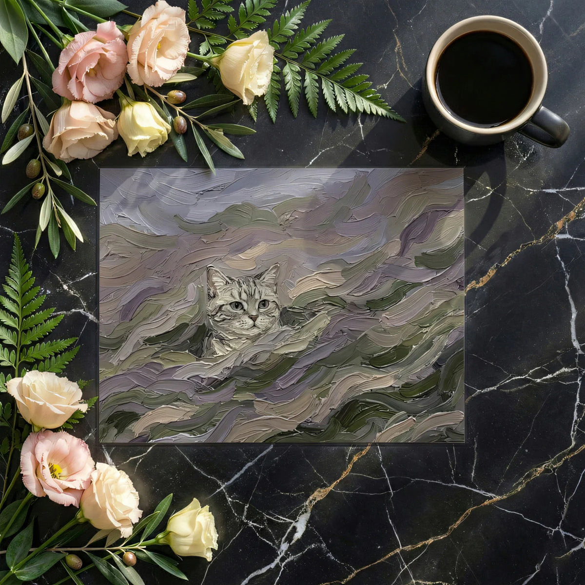 Impressionist Cat in Meadow Mural Wallpaper — Artistic Texture Mural Wallpaper - room preview 02