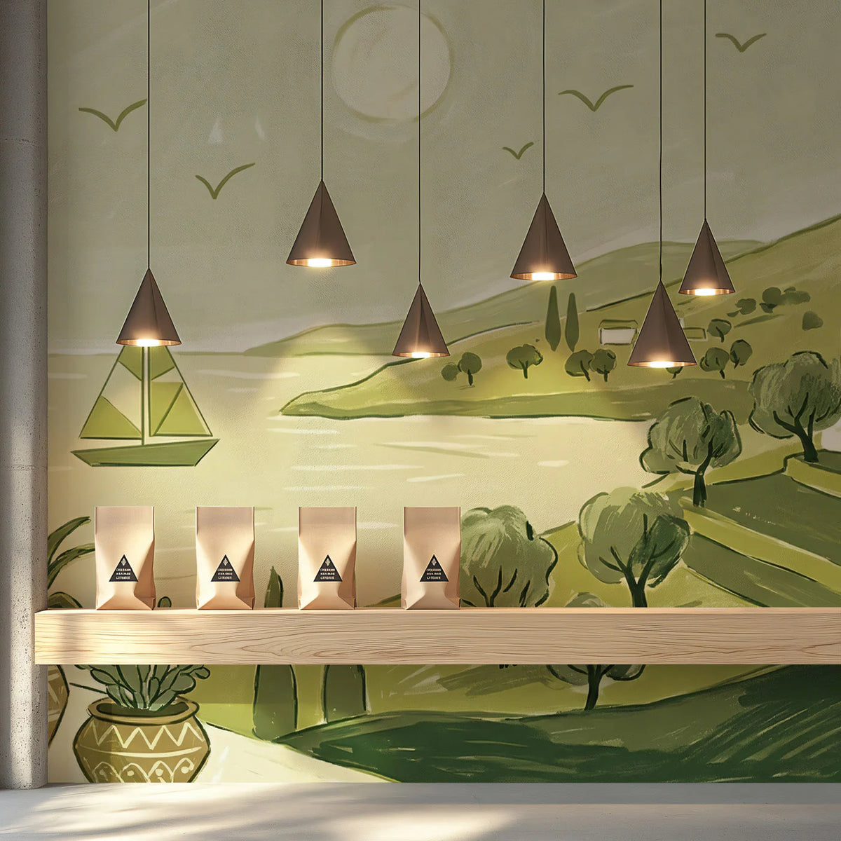Mediterranean Coastline Mural Wallpaper in Sage and Olive Green Mural Wallpaper - room preview 02