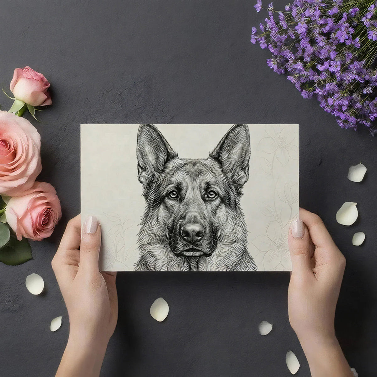 German Shepherd Portrait Mural Wallpaper — Fine Line Art Style Mural Wallpaper - room preview 02