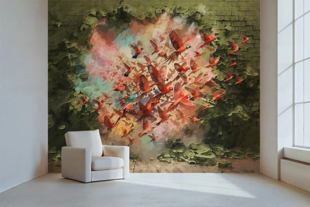 Explosion of Birds Mural Wallpaper — Artistic Brick Texture Mural Wallpaper - room preview 02