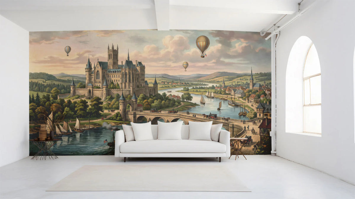 Gothic Castle Landscape Mural Wallpaper with Vintage Airships Mural Wallpaper - room preview 02