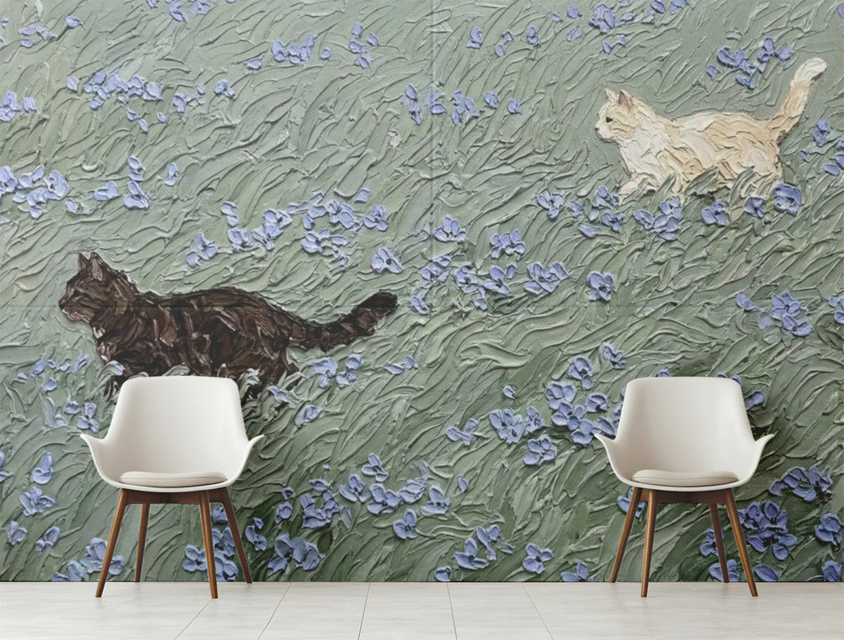 Cats in Meadow Mural Wallpaper — Impressionistic Floral Art Mural Wallpaper - room preview 02