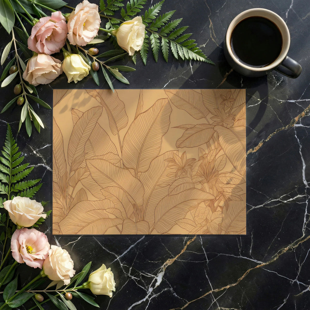 Monochromatic Botanical Line Art Mural Wallpaper — Warm Ochre Mural Wallpaper - room preview 02