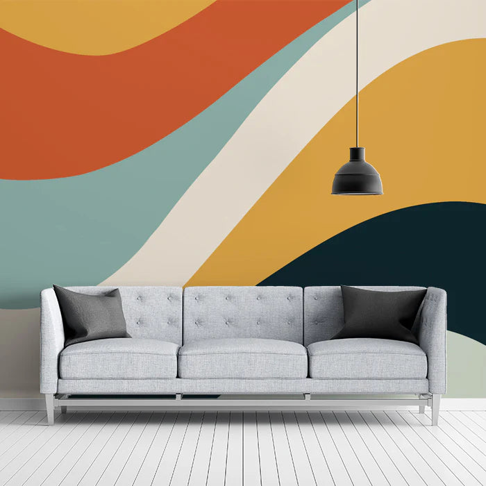 Retro Wavy Stripe Mural Wallpaper in Mid-Century Organic Palette Mural Wallpaper - room preview 02