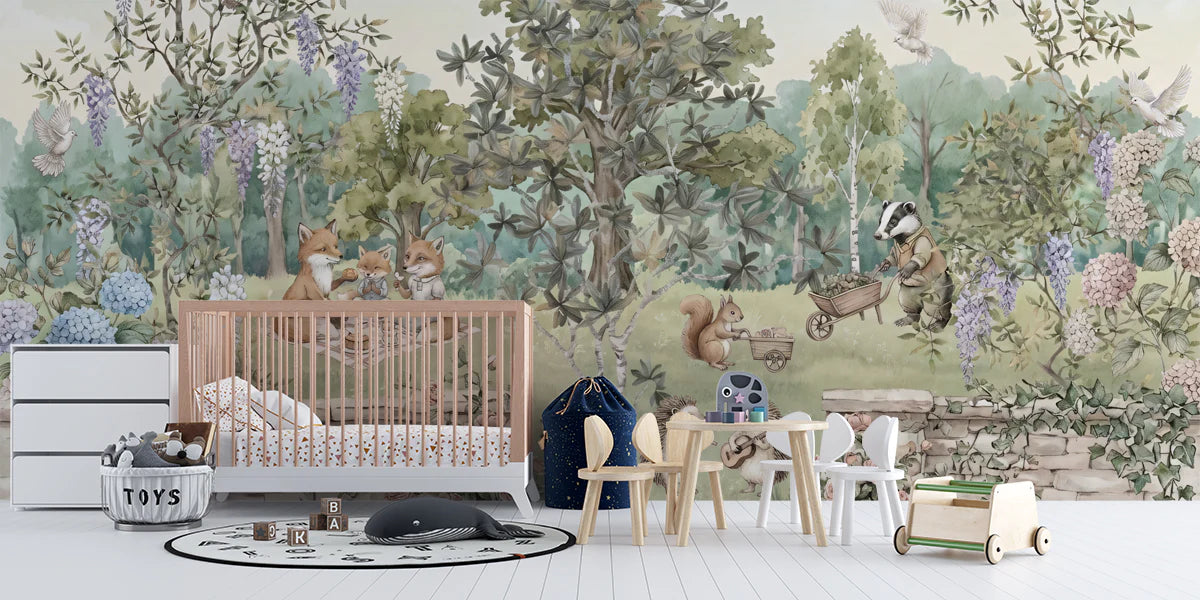 Enchanted Woodland Picnic Mural Wallpaper — Storybook Illustration Mural Wallpaper - room preview 02