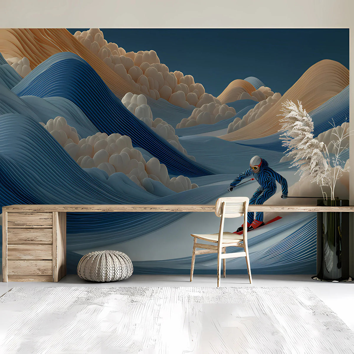 Slalom Skiing Papercraft Mural Wallpaper — Alpine Landscape Design Mural Wallpaper - room preview 02