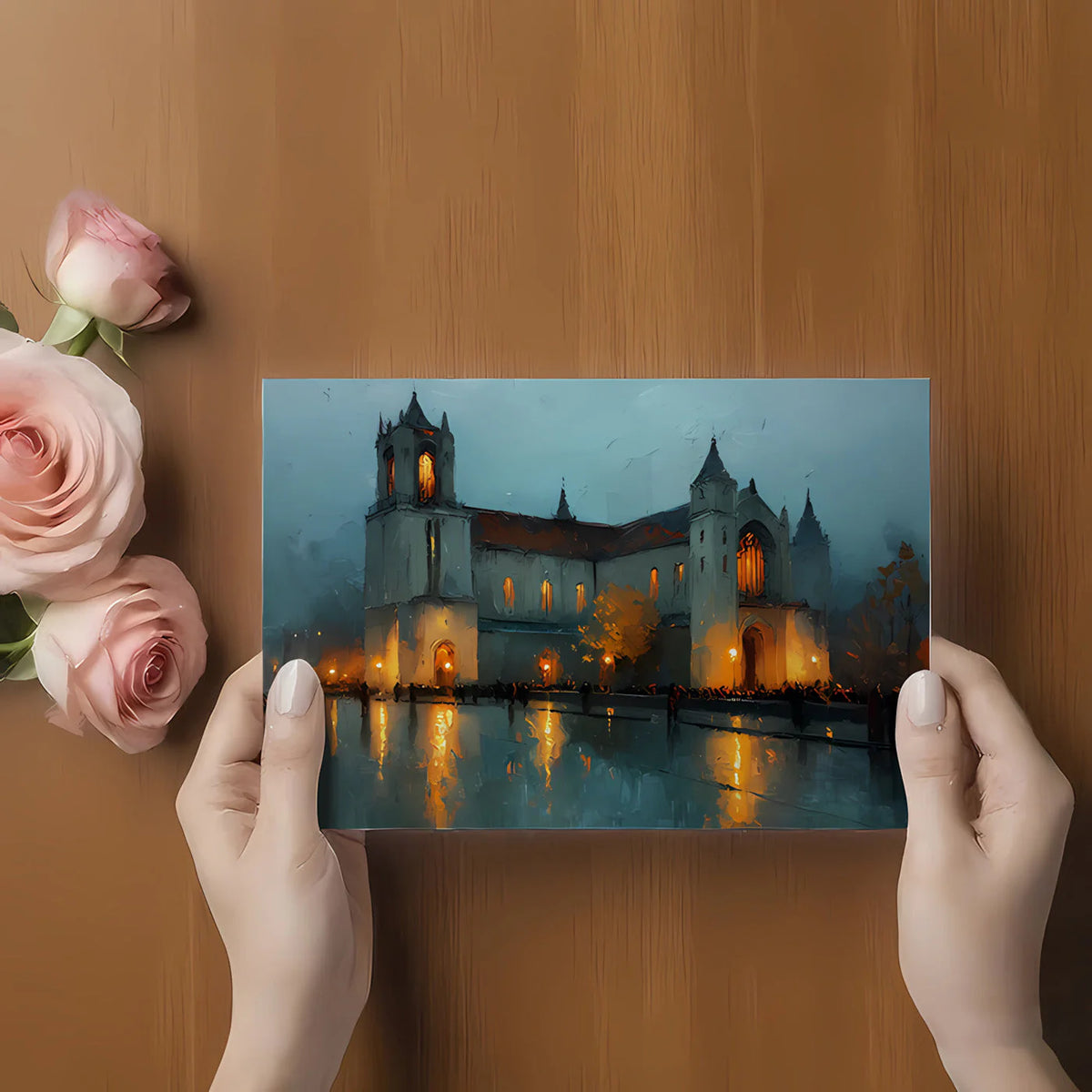 Gothic Cathedral Night Mural Wallpaper — Architectural Oil Painting Mural Wallpaper - room preview 02