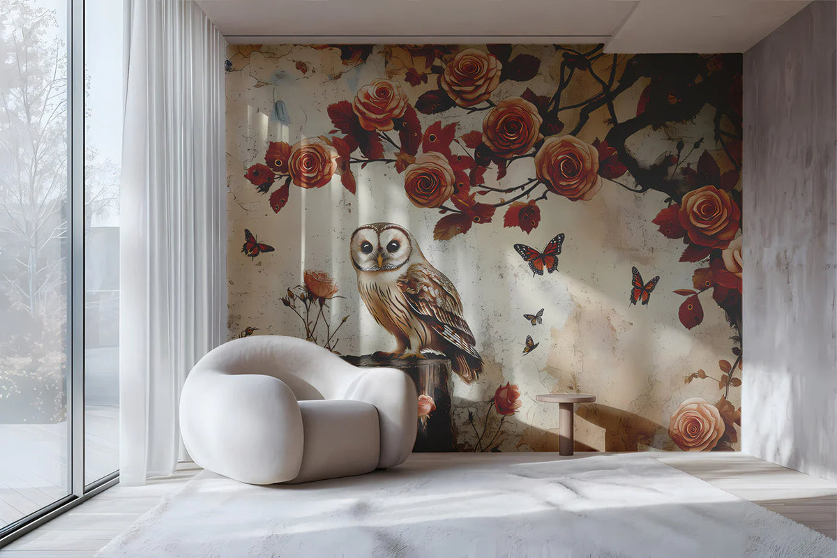 Vintage Owl and Rose Garden Mural Wallpaper - room preview 02